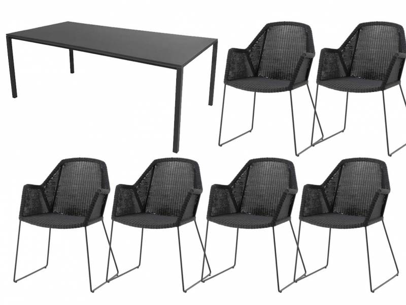 Cane-line Dining-Set: 6 x Breeze Sessel & Pure Tisch, 200x100 cm, Aluminium, Lava Grey inklusive Keramik Tischplatte zum Sonderpreis