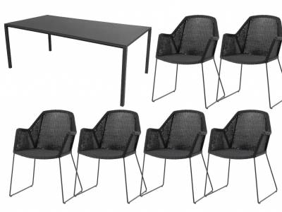 Cane-line Dining-Set: 6 x Breeze Sessel & Pure Tisch, 200x100 cm, Aluminium, Lava Grey inklusive Keramik Tischplatte zum Sonderpreis