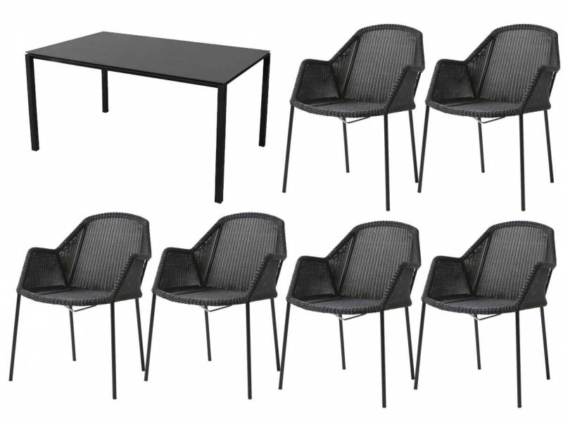 Cane-line Dining-Set: 6 x Breeze Stapelsessel & Pure Tisch, 150x90 cm, Aluminium, Lava Grey inklusive Keramik Tischplatte zum Sonderpreis