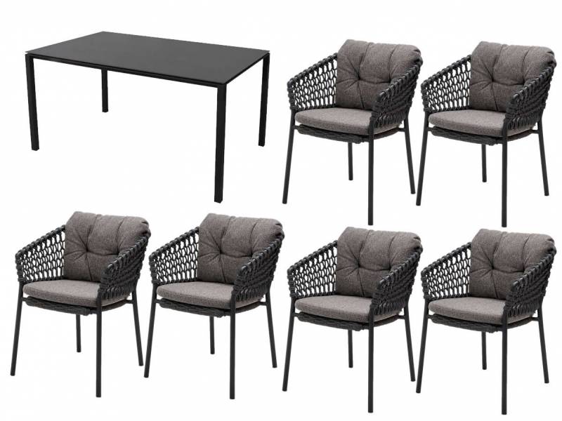 Cane-line Dining-Set: 6 x Ocean Stapelsessel & Pure Tisch, 150x90 cm, Aluminium, Lava Grey inklusive Keramik Tischplatte zum Sonderpreis