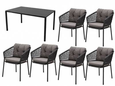 Cane-line Dining-Set: 6 x Ocean Stapelsessel & Pure Tisch, 150x90 cm, Aluminium, Lava Grey inklusive Keramik Tischplatte zum Sonderpreis