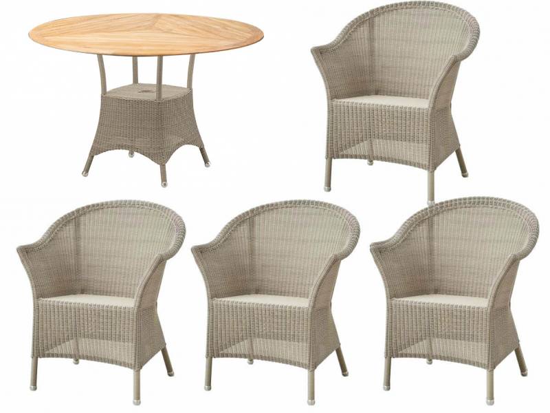 Cane-line Dining-Set: Lansing Esstisch mit Teakholz Platte rund 120 cm & 4 x Lansing Sessel