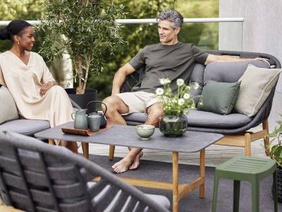 Cane-line Strington 2-Sitzer Sofa Cane-line Soft Rope, Dark grey / Teak incl. Grey Cane-line AirTouch Kissen Set