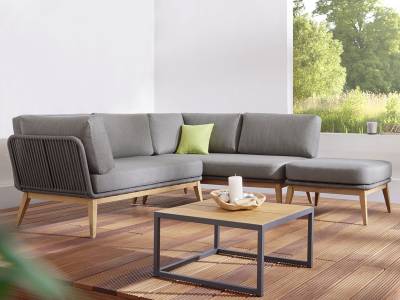 Diamond Garden Milos Teak Modullounge lange Ecke rechts – dark grey inkl. Sitz-und Rückenkissen