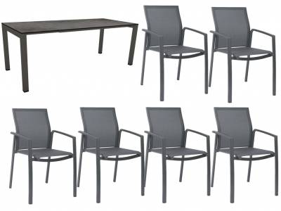 Stern Dining-Set: Ausziehtisch 160/210x90 cm Aluminium anthrazit mit Tischplatte Zement + 6 x Kari Stapelsessel