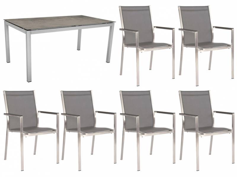 Stern Dining-Set: Edelstahl Tischgestell 160 x 90cm, Tischplatte Zement + 6 x Cardiff Stapelsessel