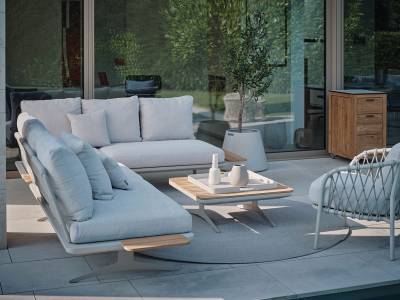 Stern Enya Anstecktisch klein , 29x41 cm Edelstahl greige, Tischplatte Teak