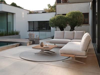 Stern Enya Lounge Tisch 84x84 cm Aluminium greige, Tischplatte Teak