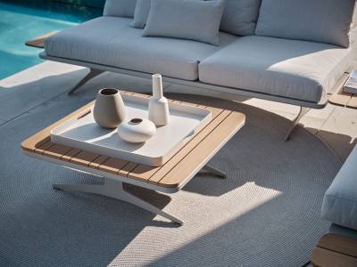 Stern Enya Lounge Tisch 84x84 cm Aluminium greige, Tischplatte Teak